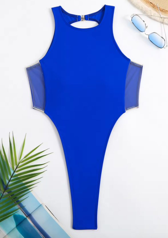Burq | Blauw stringzwempak met hoge halslijn