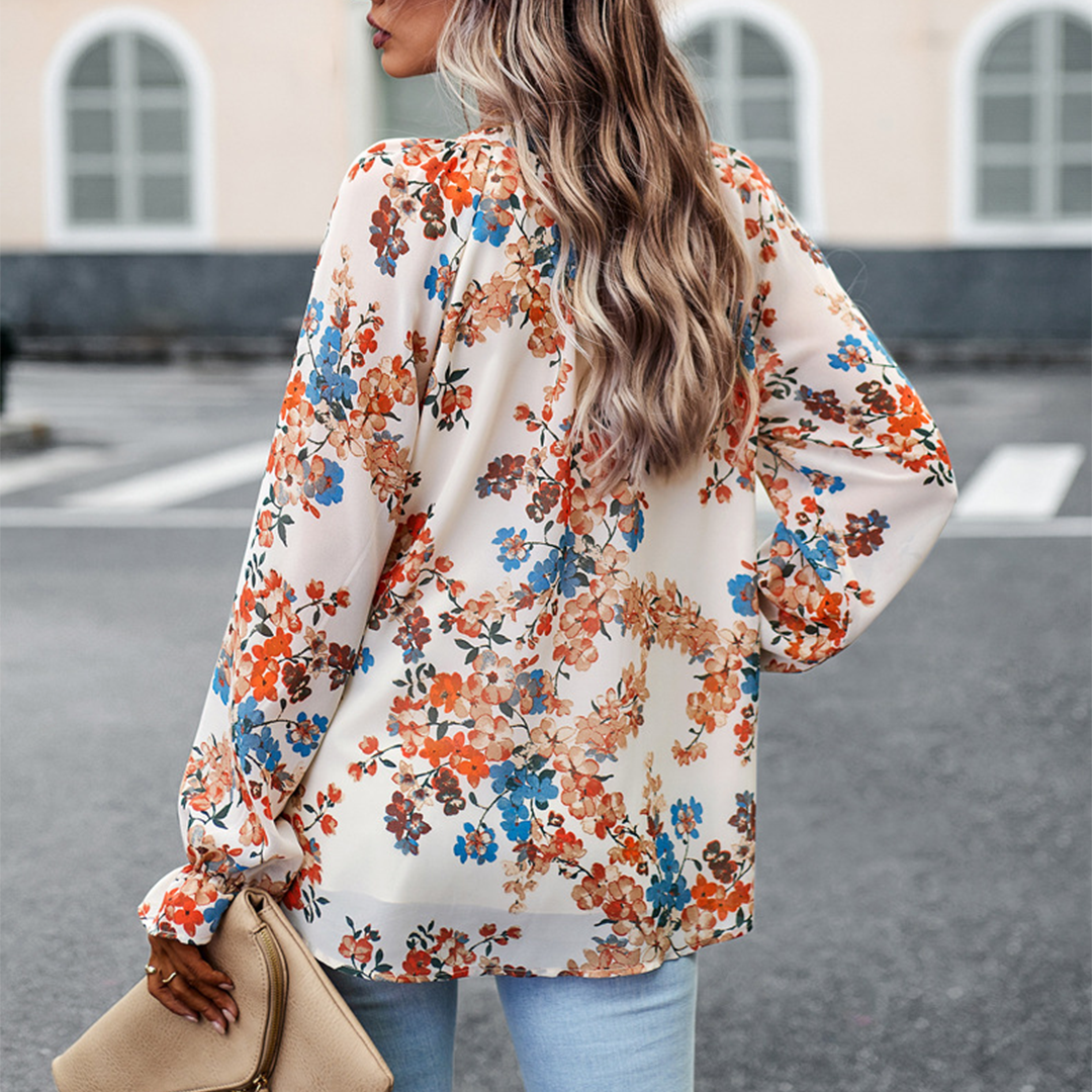 Burq | Bloemenblouse met V-hals en pofmouwen