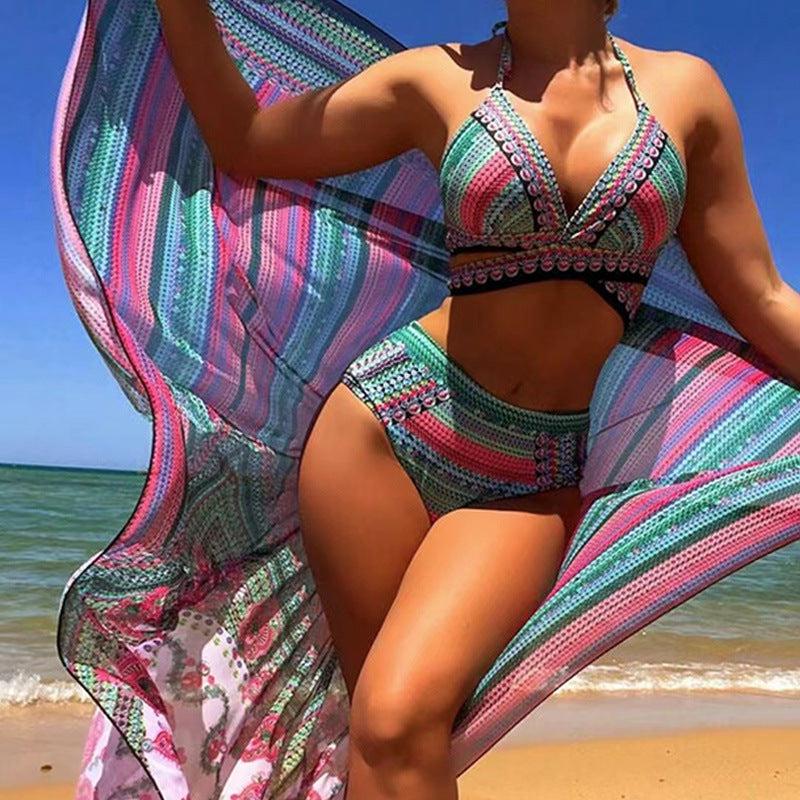 Burq | Driedelig bikini-zwempak met gekruiste bandjes en hoge taille