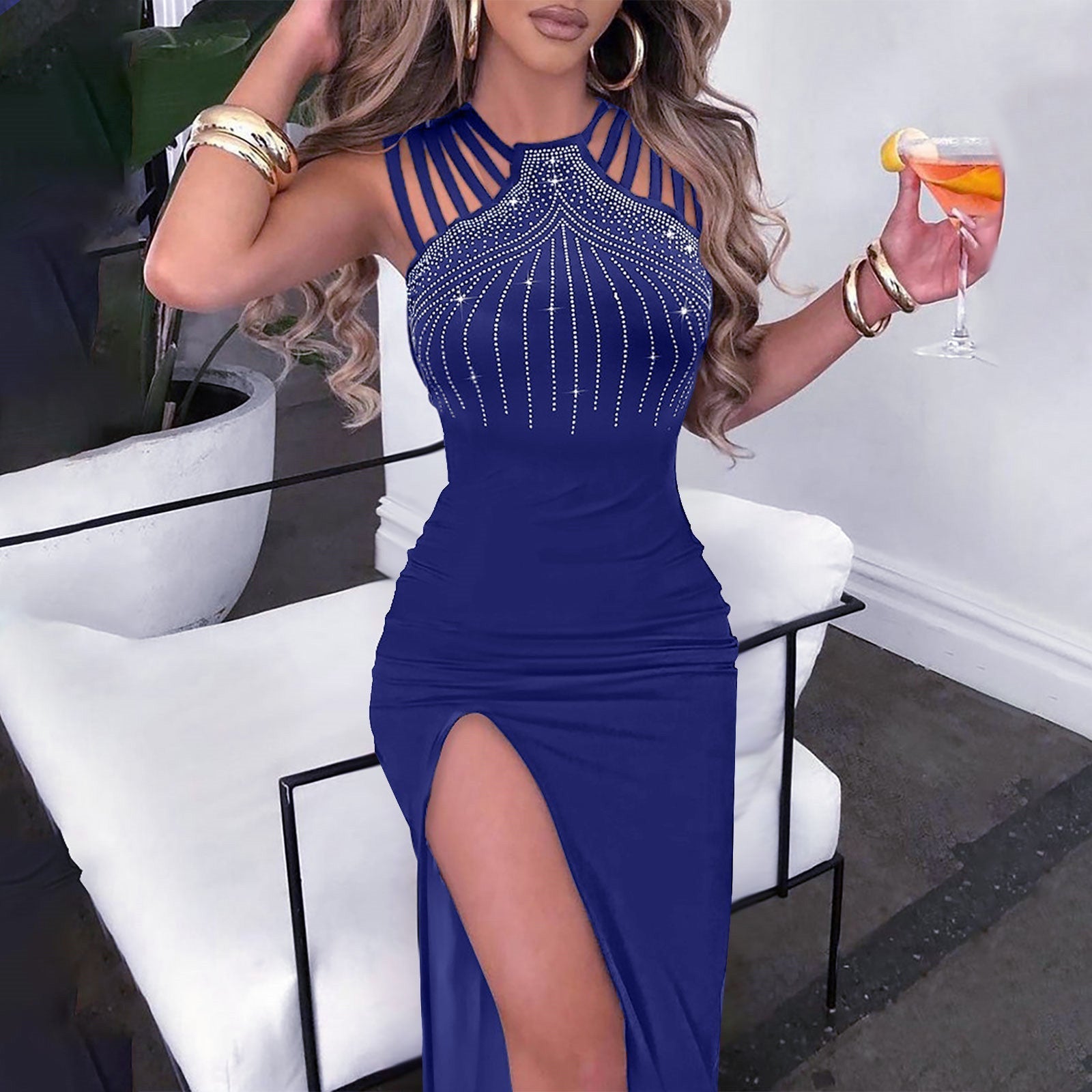 Burq | Elegante strass split-schede jurk nachtclub dinerjurk