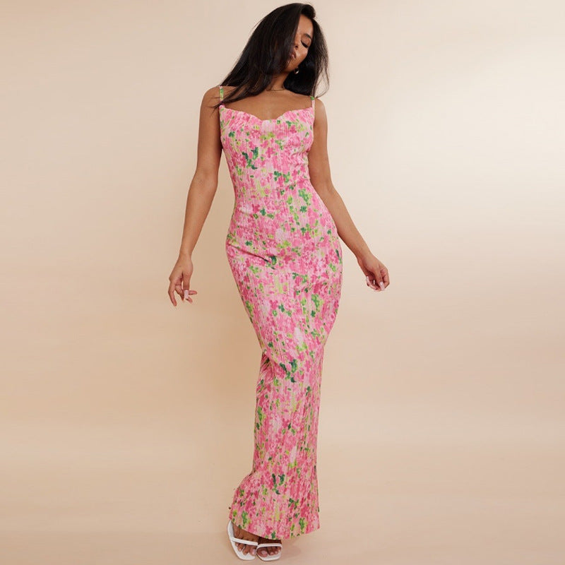 Burq | Geplooide slim-fit slanke maxi-jurk met spaghettibandjes