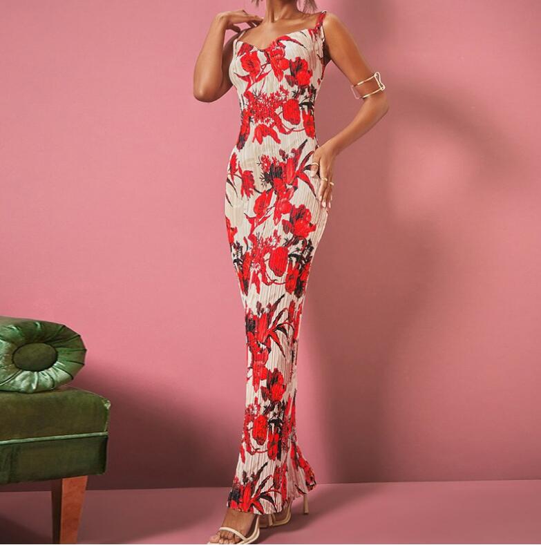 Burq | Geplooide slim-fit slanke maxi-jurk met spaghettibandjes