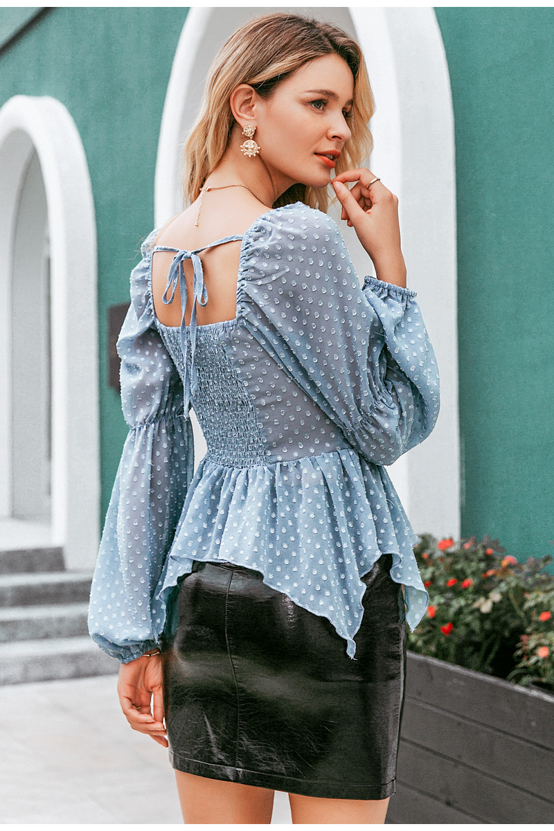 Burq | Moderne lantaarnkleurige kanten blouse met vierkante hals, blauw