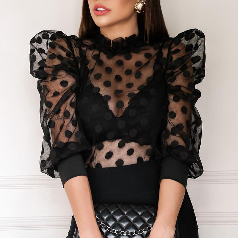 Burq | Polka Dot Net Garen Schimmel Zijkraag Blouse Dames