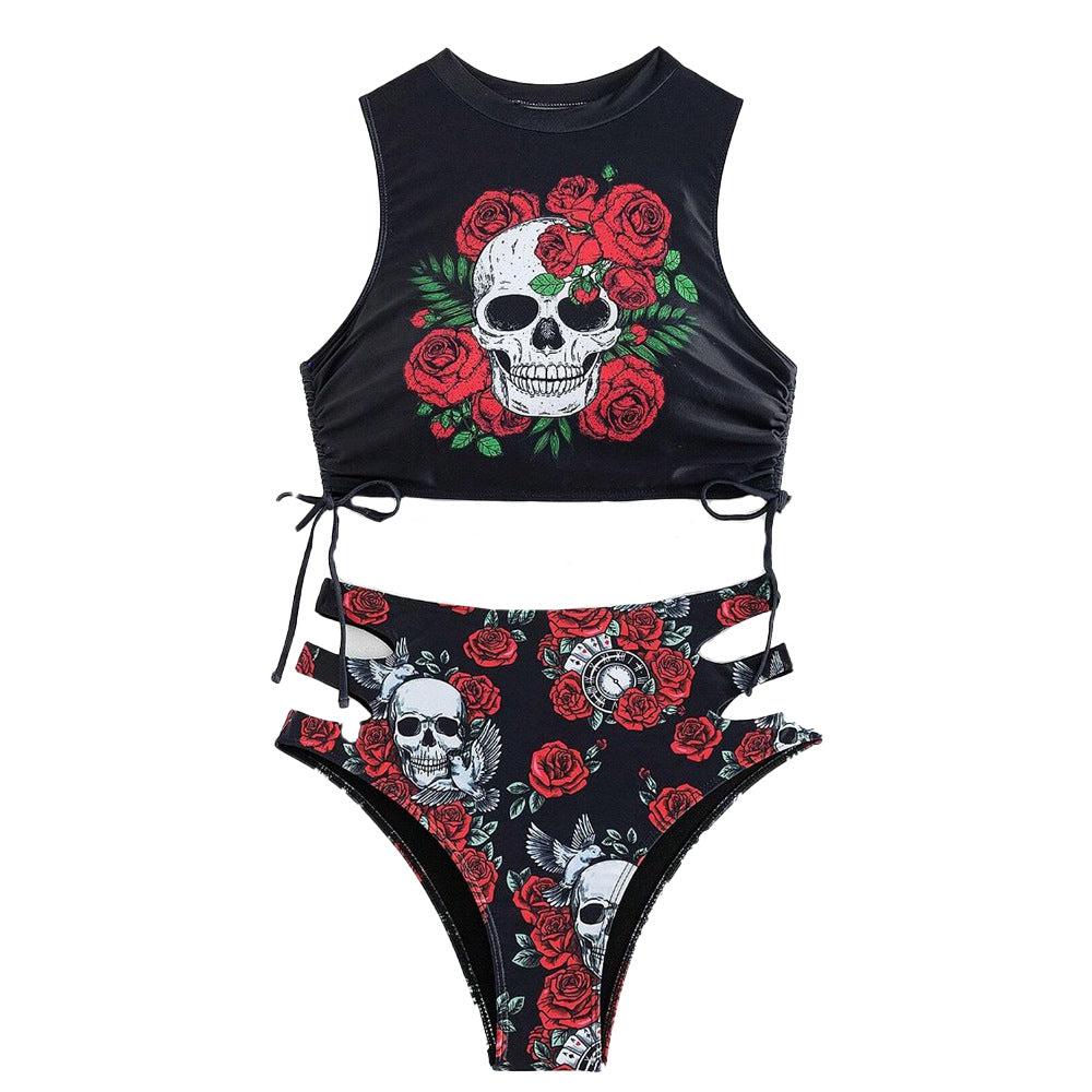 Burq | Sexy strak bikini-zwempak met bloemen- en doodshoofdprint