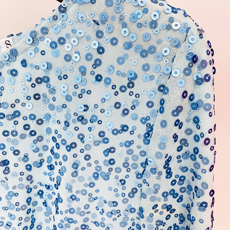 Burq | Slim-fit chiffonjurk met wijd uitlopende mouwen, volledig lichaam en pailletten