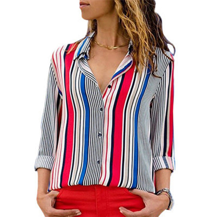 Burq | Stijlvolle gestreepte casual chiffon blouse met V-hals en lange mouwen