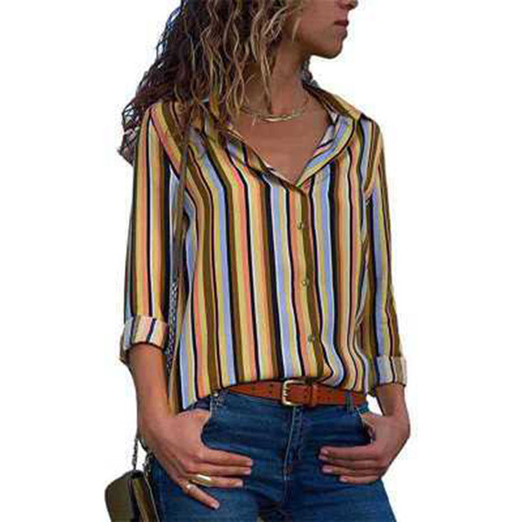 Burq | Stijlvolle gestreepte casual chiffon blouse met V-hals en lange mouwen