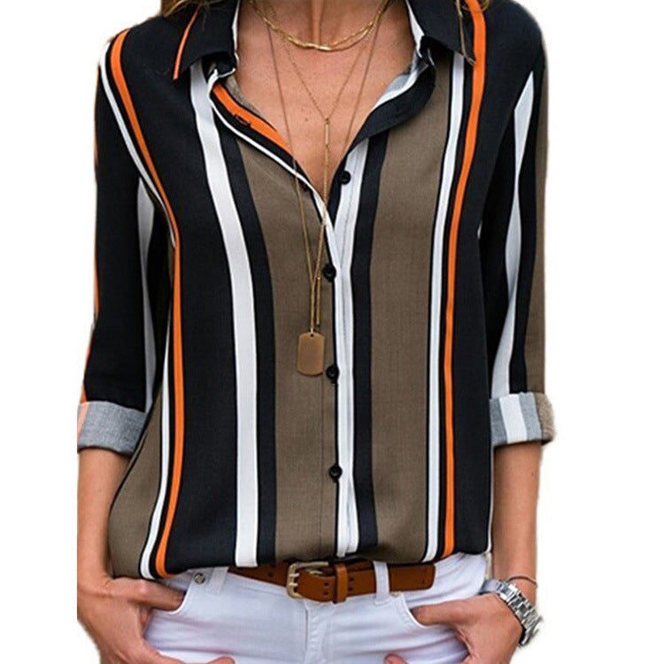 Burq | Stijlvolle gestreepte casual chiffon blouse met V-hals en lange mouwen