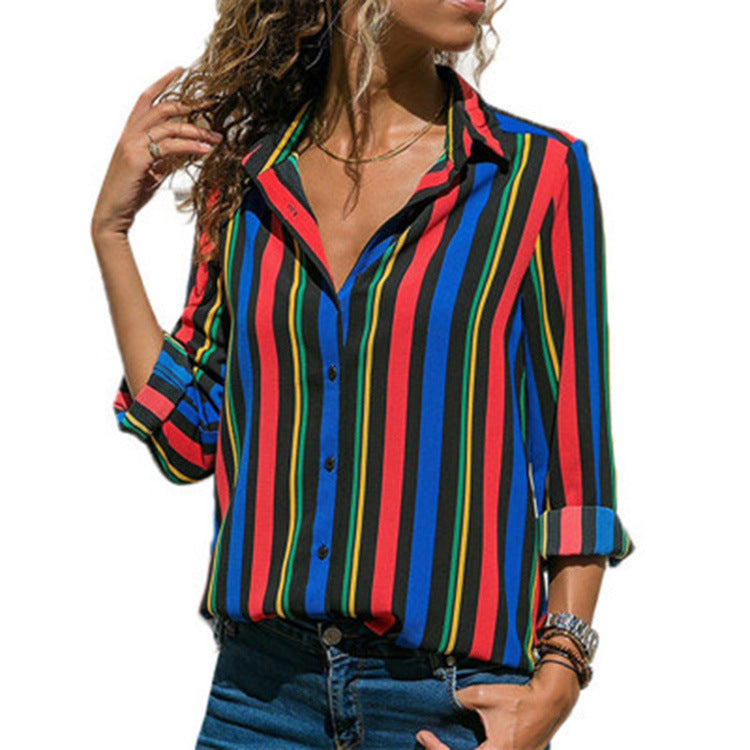 Burq | Stijlvolle gestreepte casual chiffon blouse met V-hals en lange mouwen