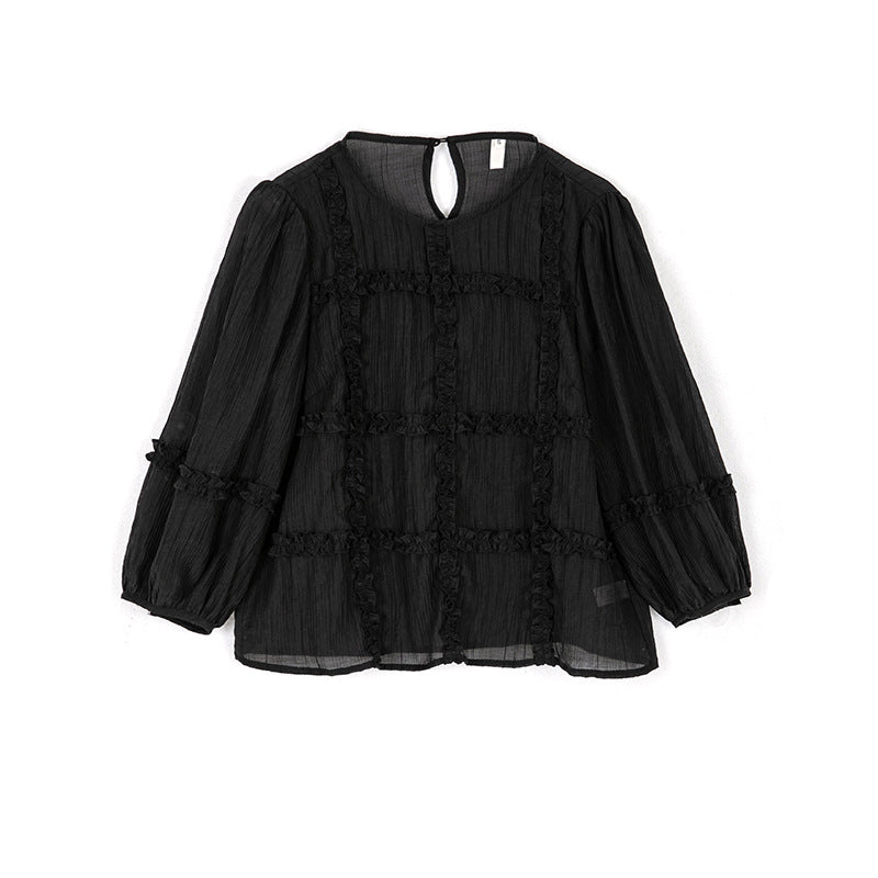 Burq | Trendy mesh top met lange mouwen, damesblouse met ruches