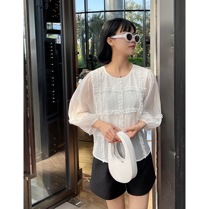 Burq | Trendy mesh top met lange mouwen, damesblouse met ruches