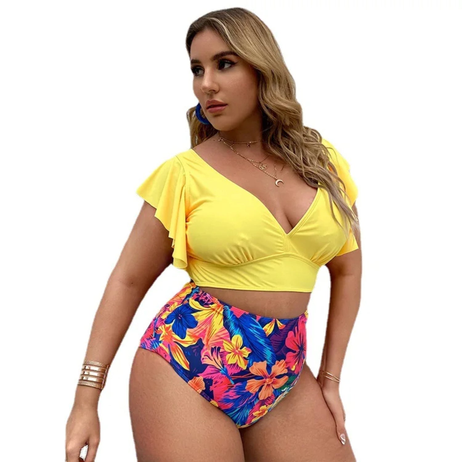 Burq | Tweedelige bikini met V-hals, ruches, korte mouwen en bloemenprint, plus size