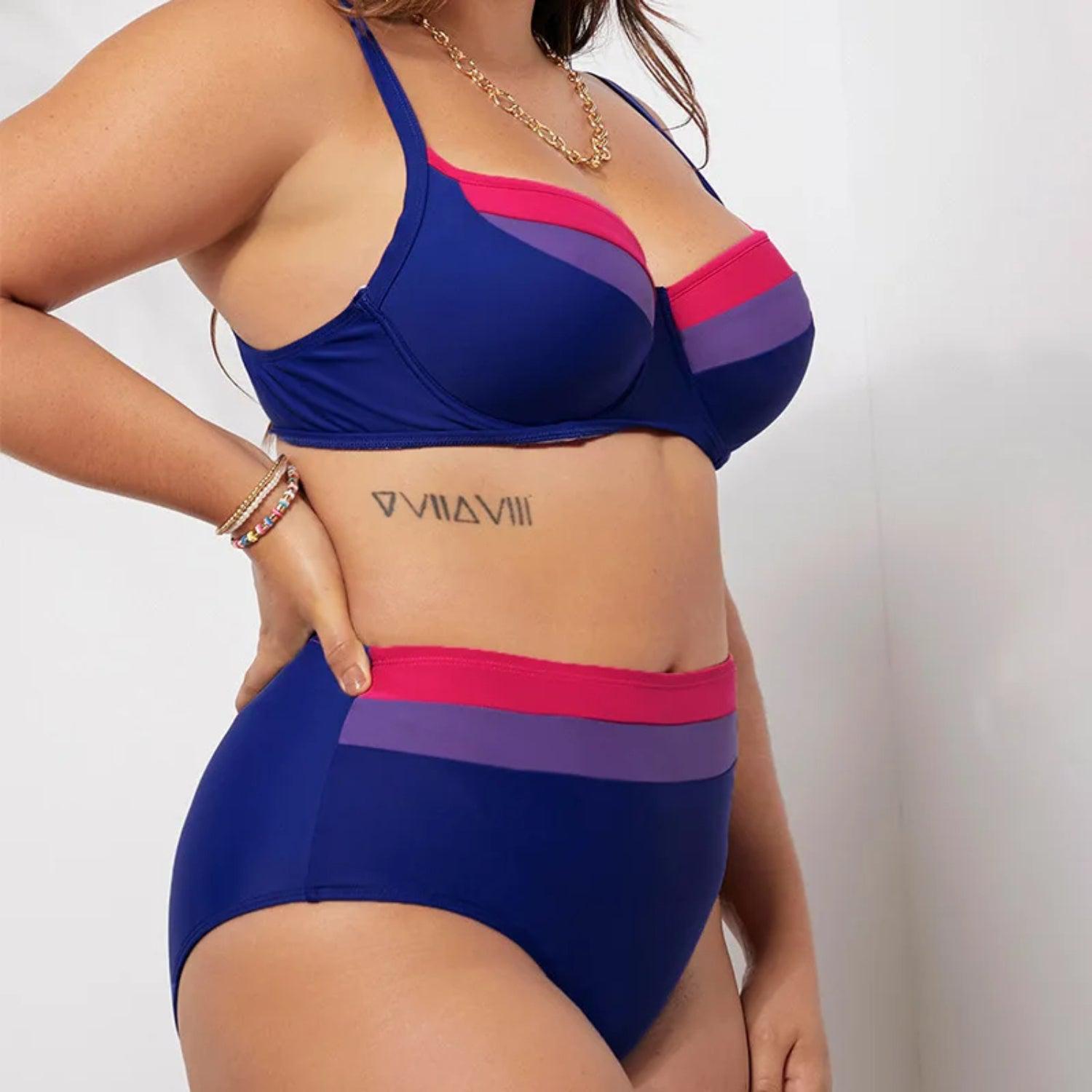 Burq | Tweedelige patchwork bikini met contrasterende kleurenprint in plus size