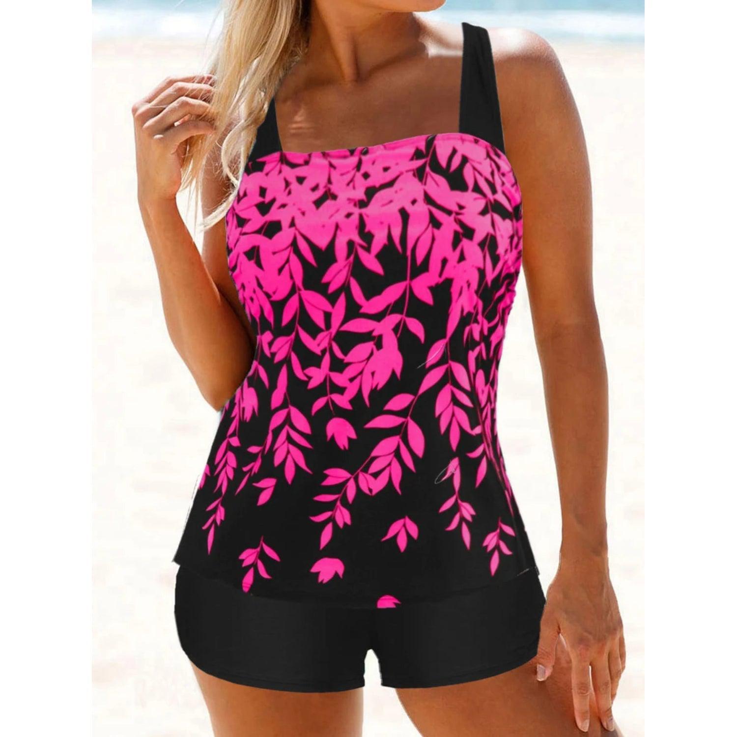 Burq | zwarte tankini met bladmotief in hoge taille