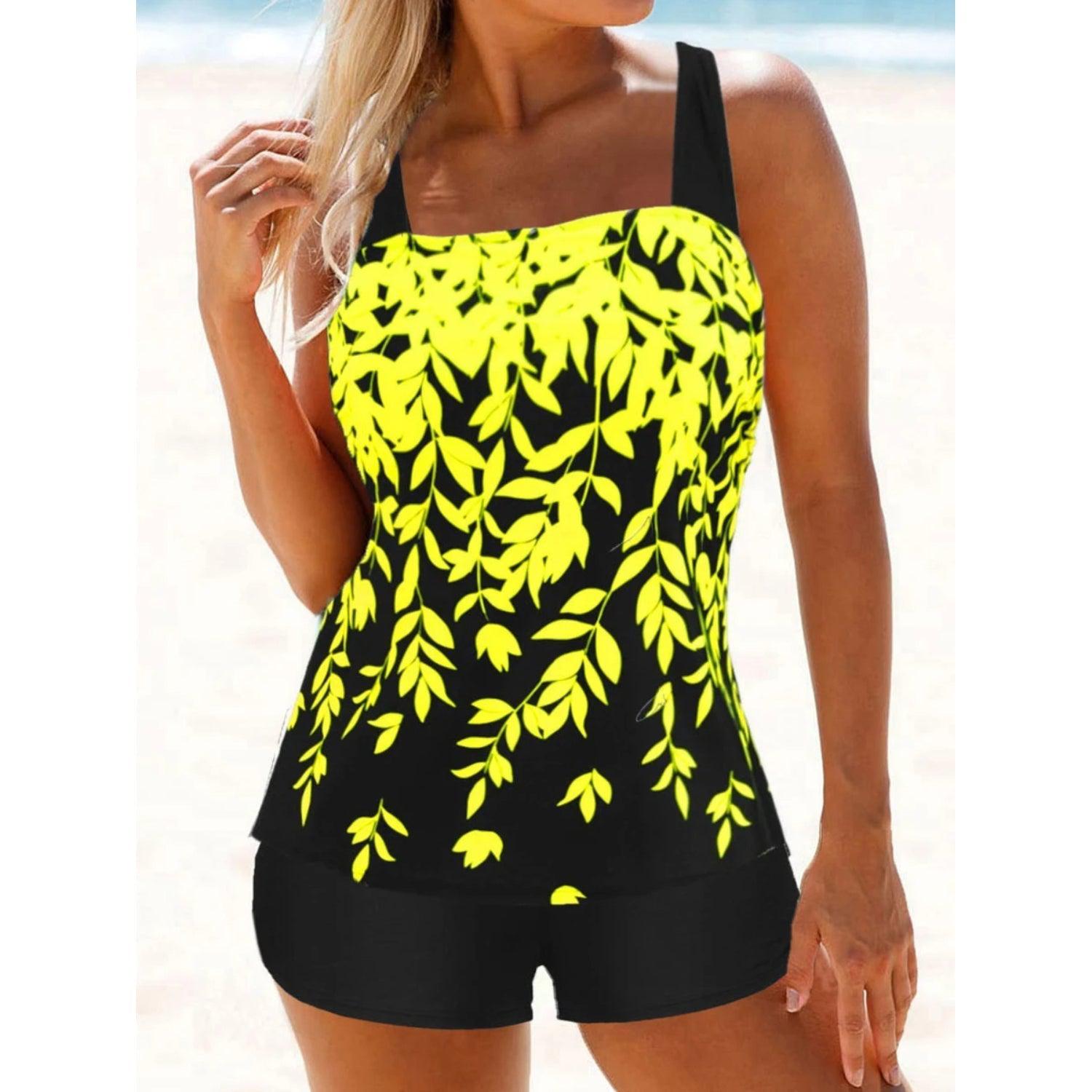 Burq | zwarte tankini met bladmotief in hoge taille