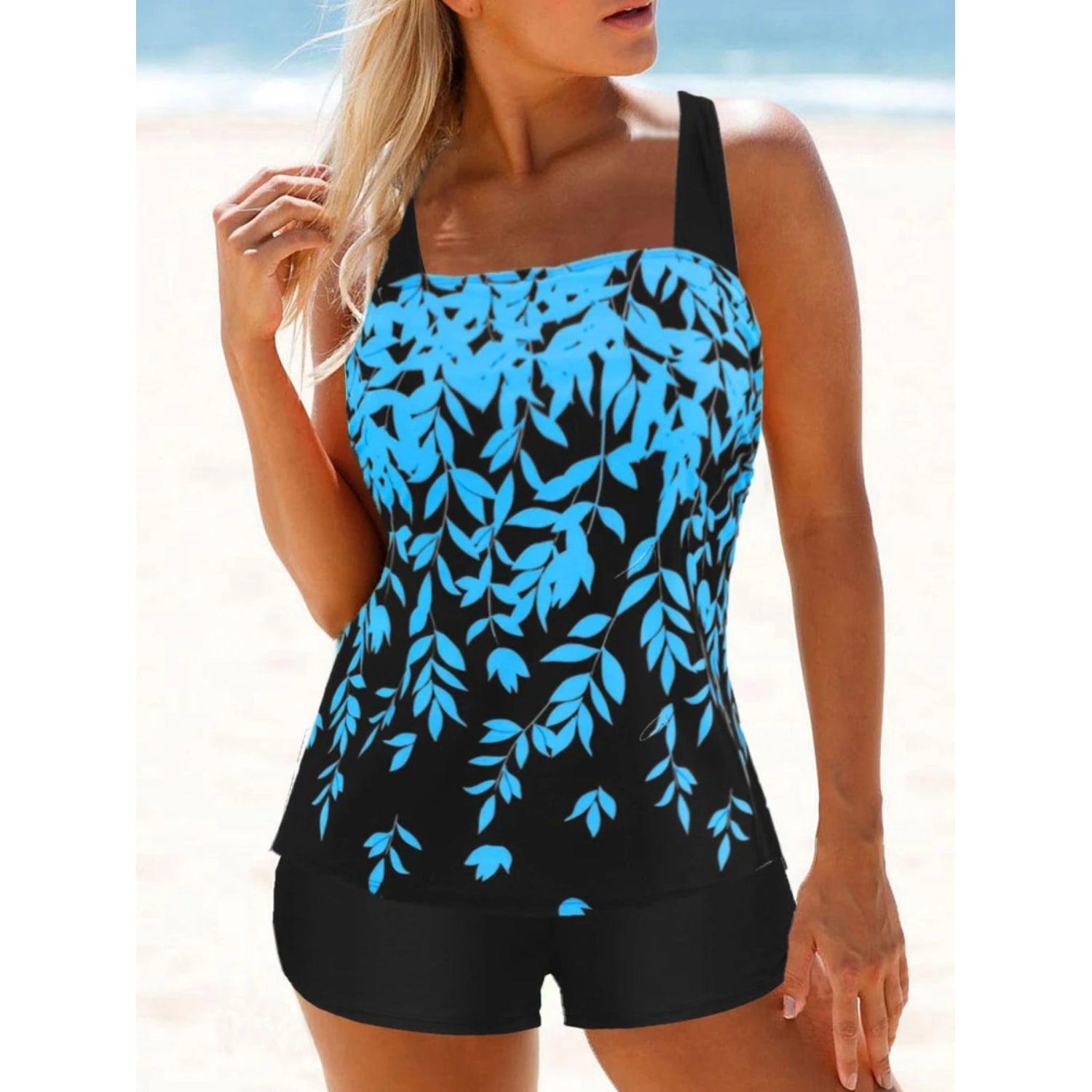 Burq | zwarte tankini met bladmotief in hoge taille